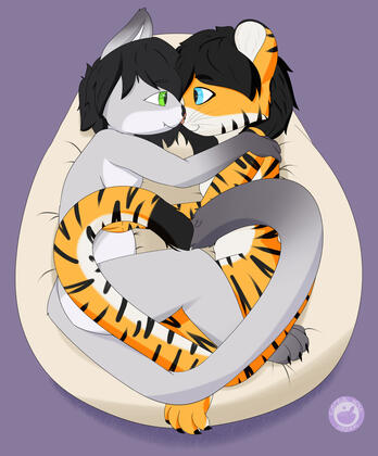 Drawing of an anthro tiger and cat cuddling on a beanbag