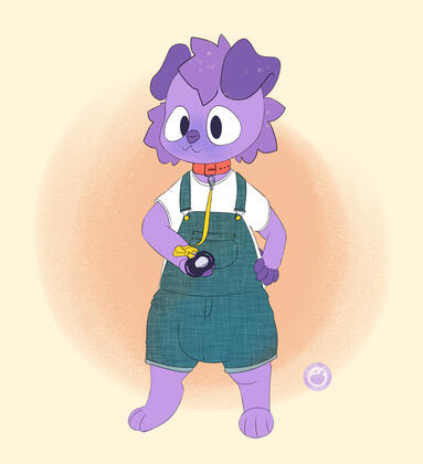 A purple toddler dog with blue overalls