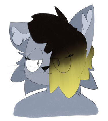 A drawn portrait of an anthropomorphic grey cat with black and blonde hair. She is slightly smug